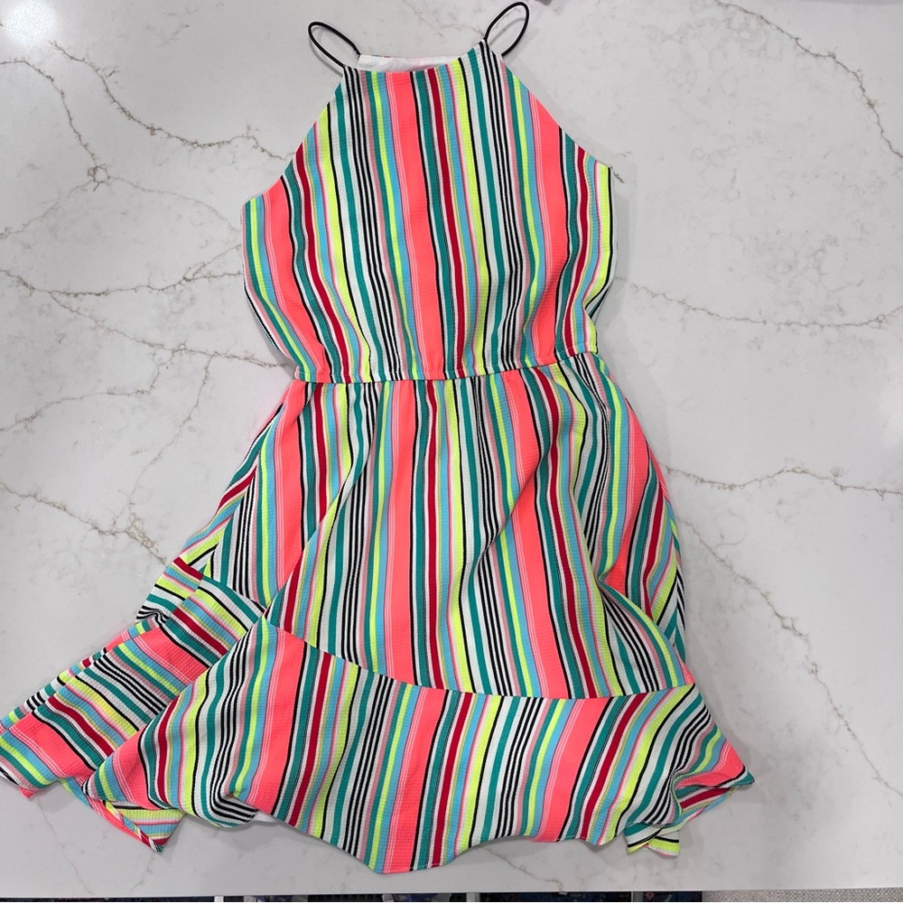 AQUA Girls Striped Halter Sundress | Fit & Flare | Size M (10/12)